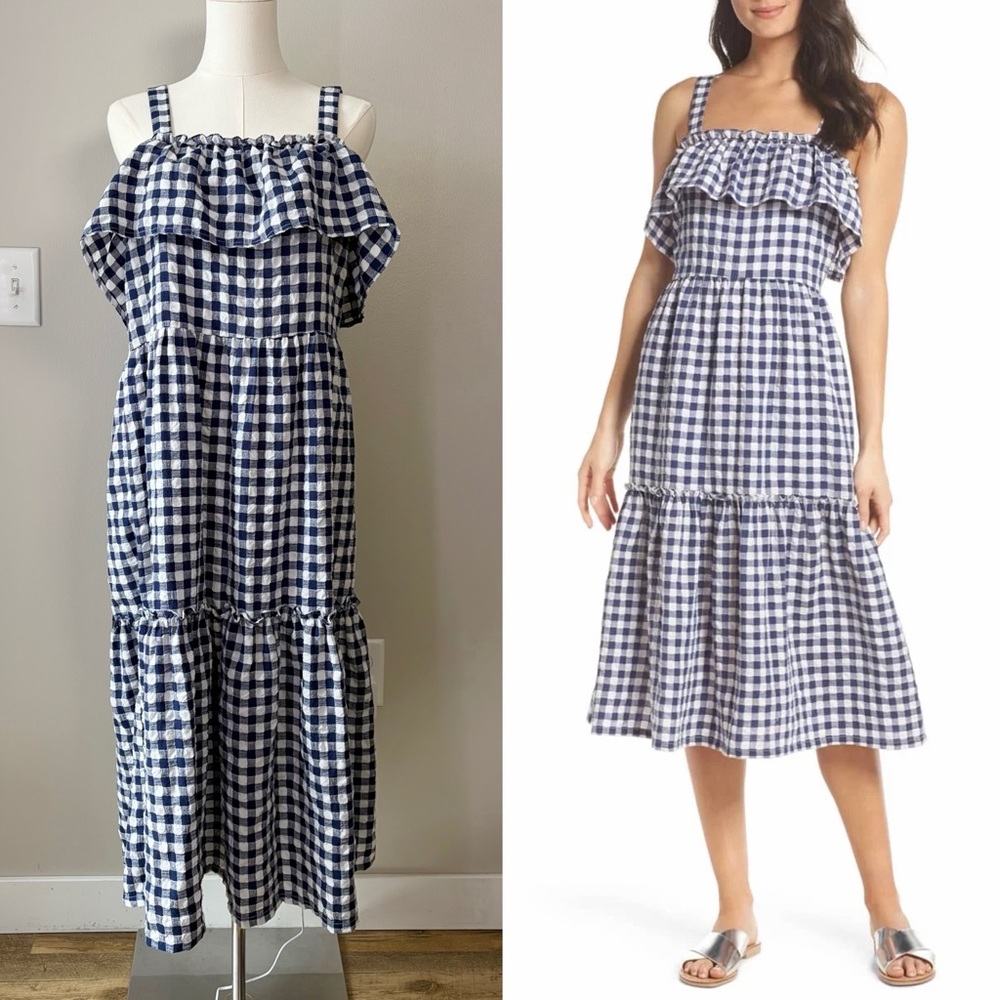 First Monday Navy Cotton Tiered Gingham Midi Dress Picnic Spring Farmhouse